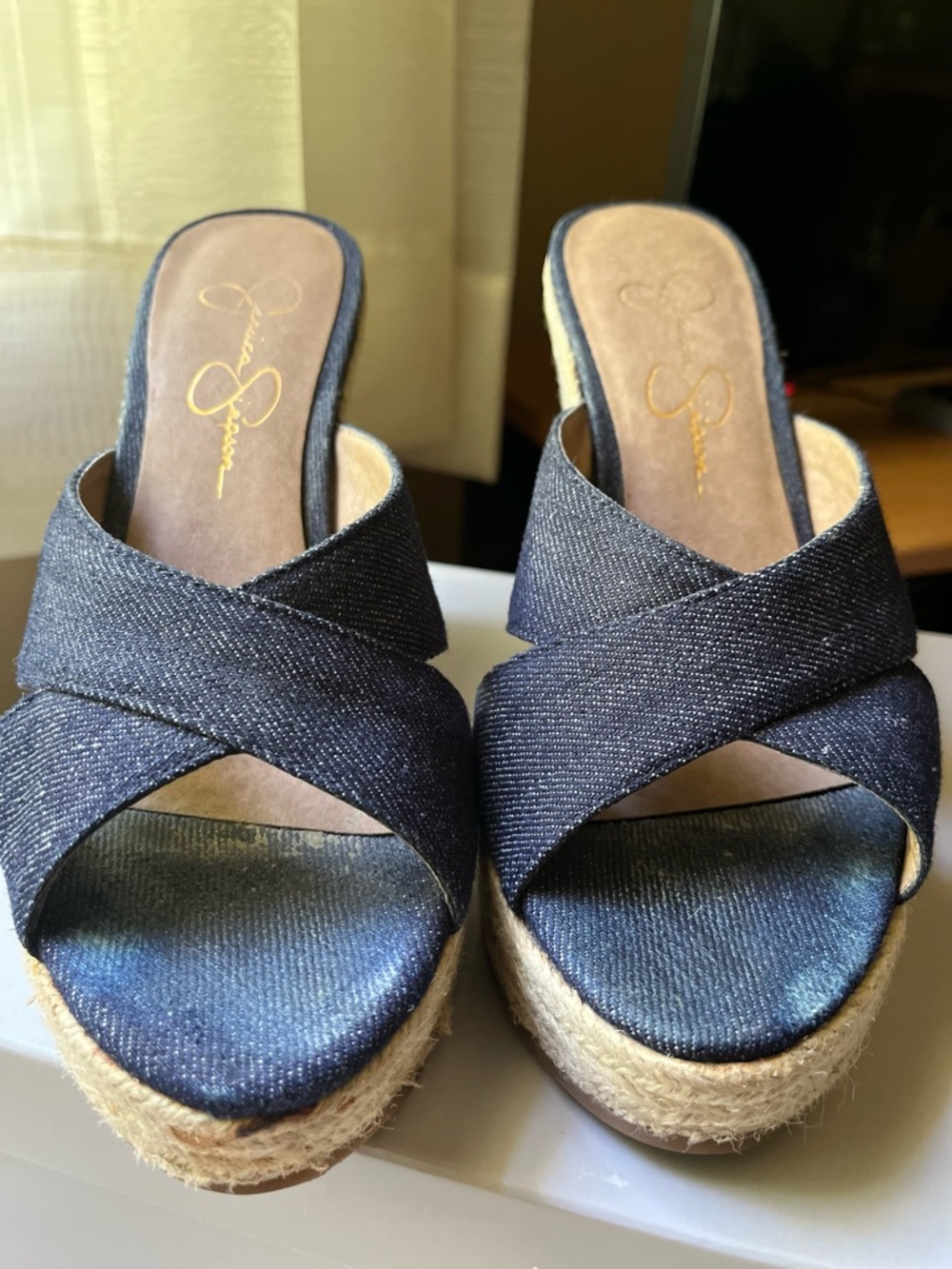 Jessica Simpson Dark Blue Denim Crisscross Espadrille Wedge Sandals